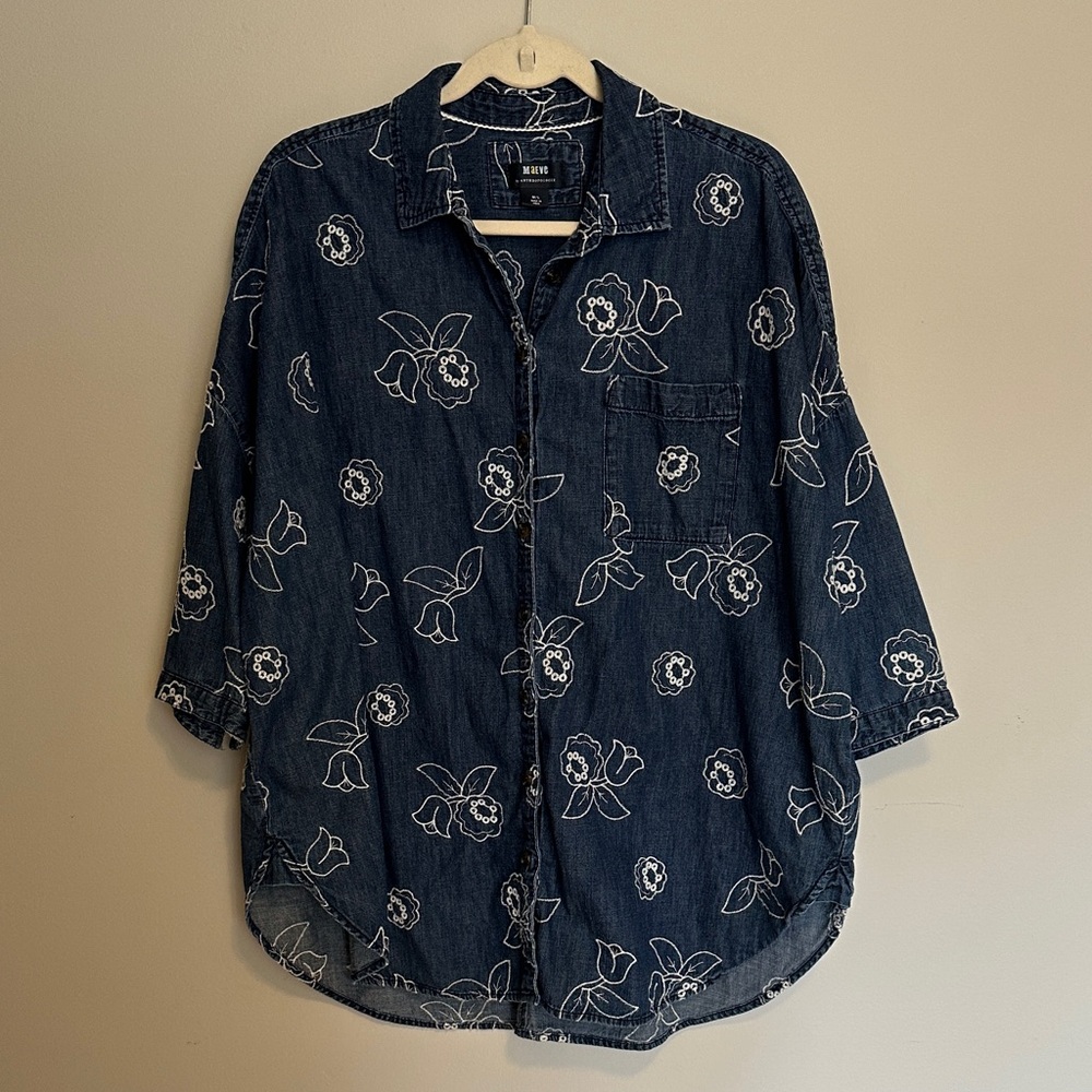 Maeve by Anthropologie Denim Floral Embroidered Shirt, 100% Cotton